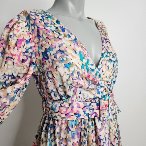 SHOL Los Angeles Abstract Print 3/4 Sleeve Tiered Mini Dress Size 4 BNWT - Picture 3 of 16